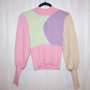 PANTS STORE Colorblock Sweater With Mock Neck, Front Slit, & Puff Sleeves. Small